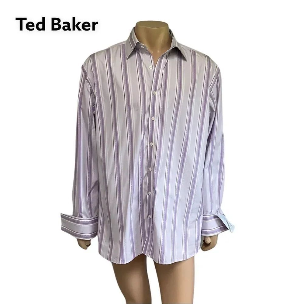 Ted Baker purple white striped long sleeves french cufff button down shirt 17.5
